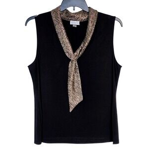 Tahari Arthur S Levine Women's XL Black‎ Sleeveless Top Metallic Necktie Blouse